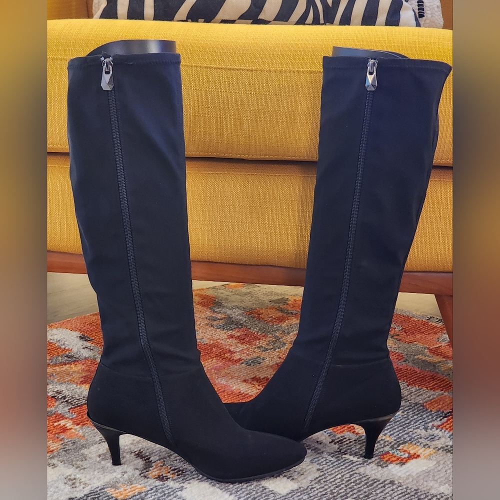 Tahari Black Micro-Fiber Pull On Boots with Lug Soles w/Silver Heel Accent, W-8